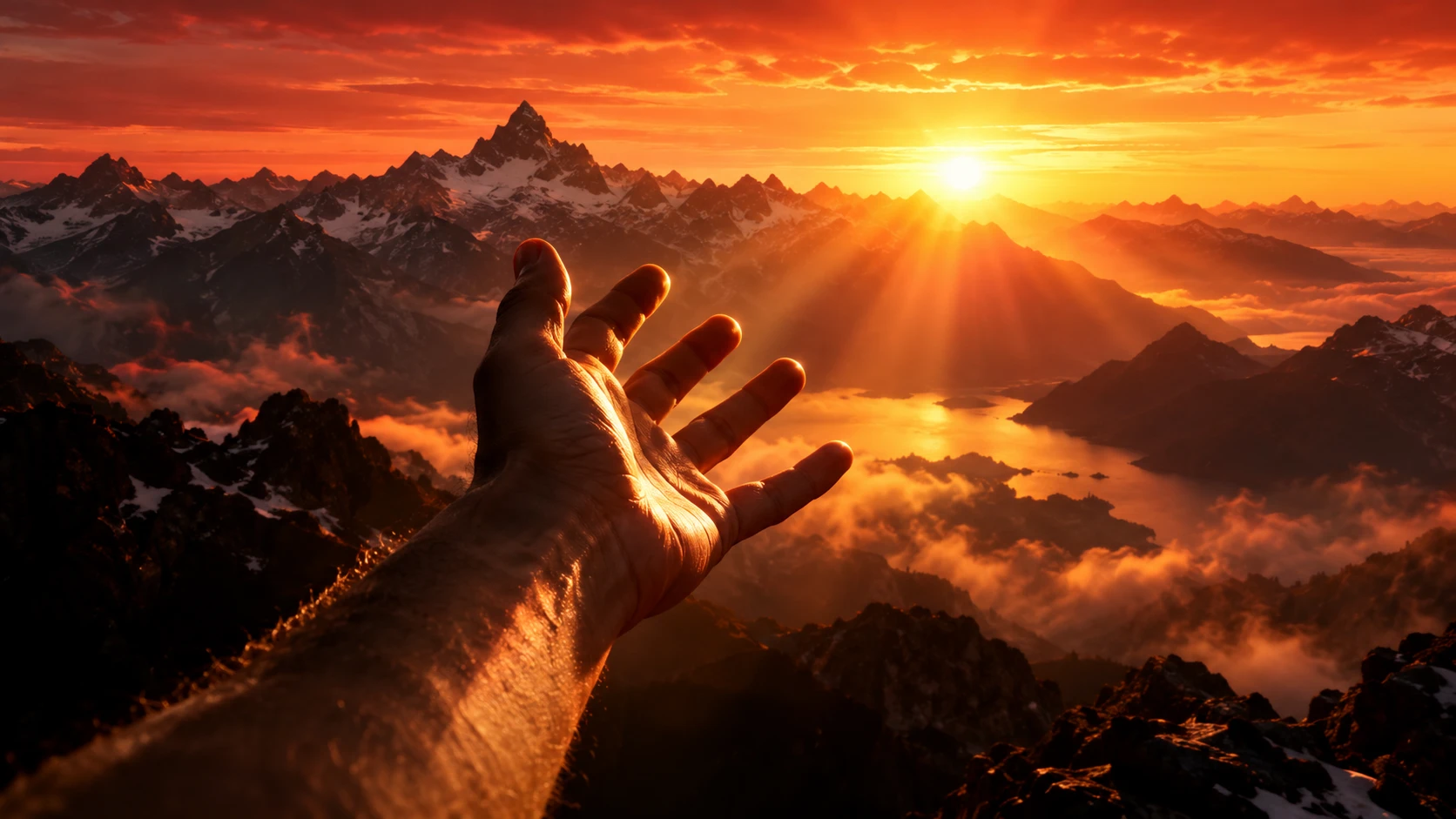 Main tendue vers la lumière du soleil levant sur les Alpes