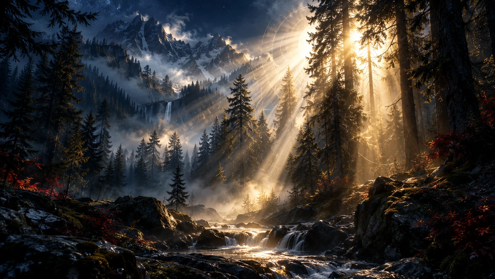 Rayons de lumière protecteurs dans une forêt alpine