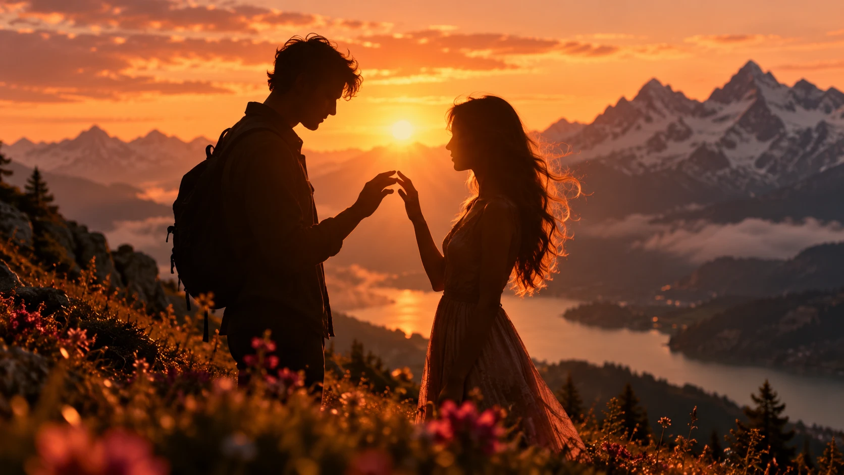 Couple en silhouette dans les Alpes suisses au coucher du soleil