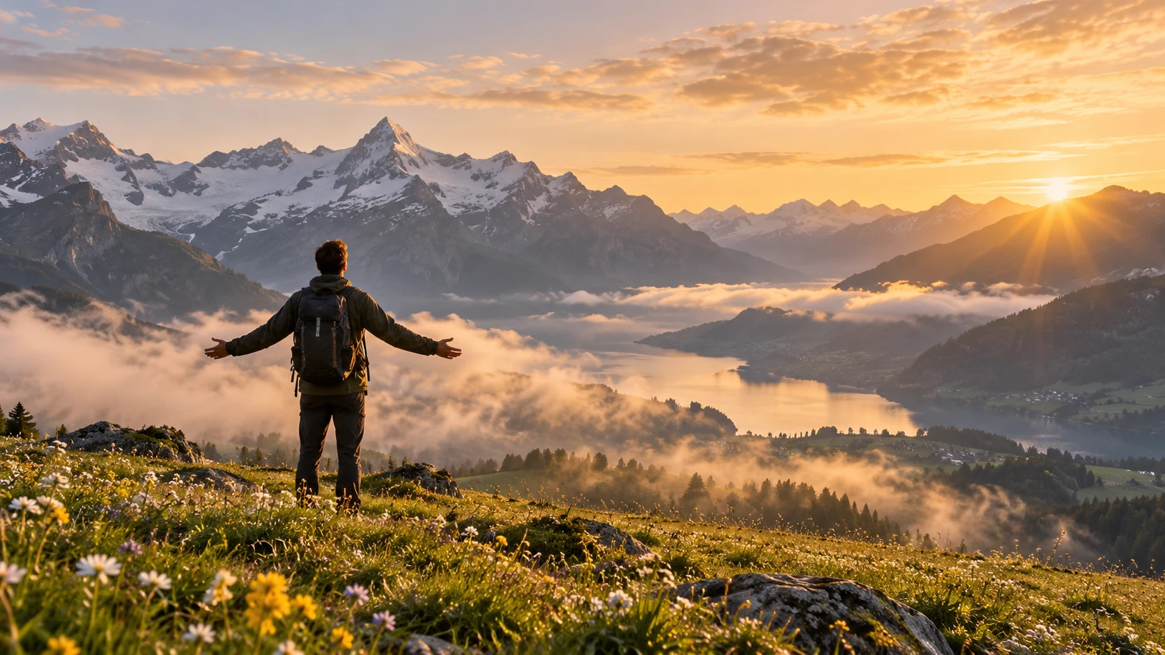 Homme bras ouverts face aux Alpes suisses au lever du soleil